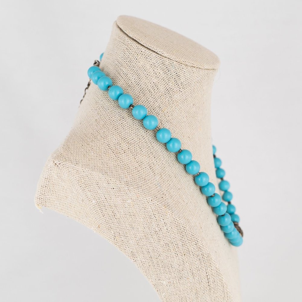 Necklace with Silver & Marcasite Turquoise Colored Beaded Round Tested Southwest - Picture 4 of 5